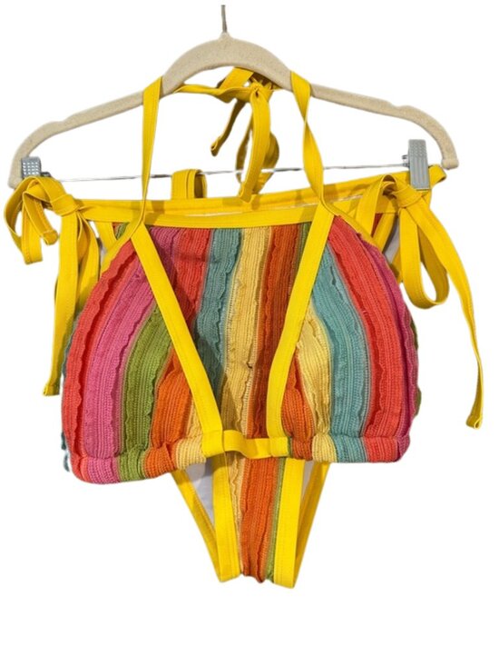 Other - Rainbow Textured Two Piece Bikini Set Size 2XL Yellow Tie Side Swimwear Summer